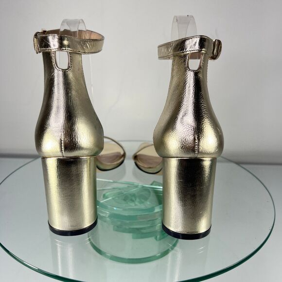 Stuart Weitzman Nudist Heel Sandals Gold Ankle Strap Open Toe Block - Picture 5 of 9